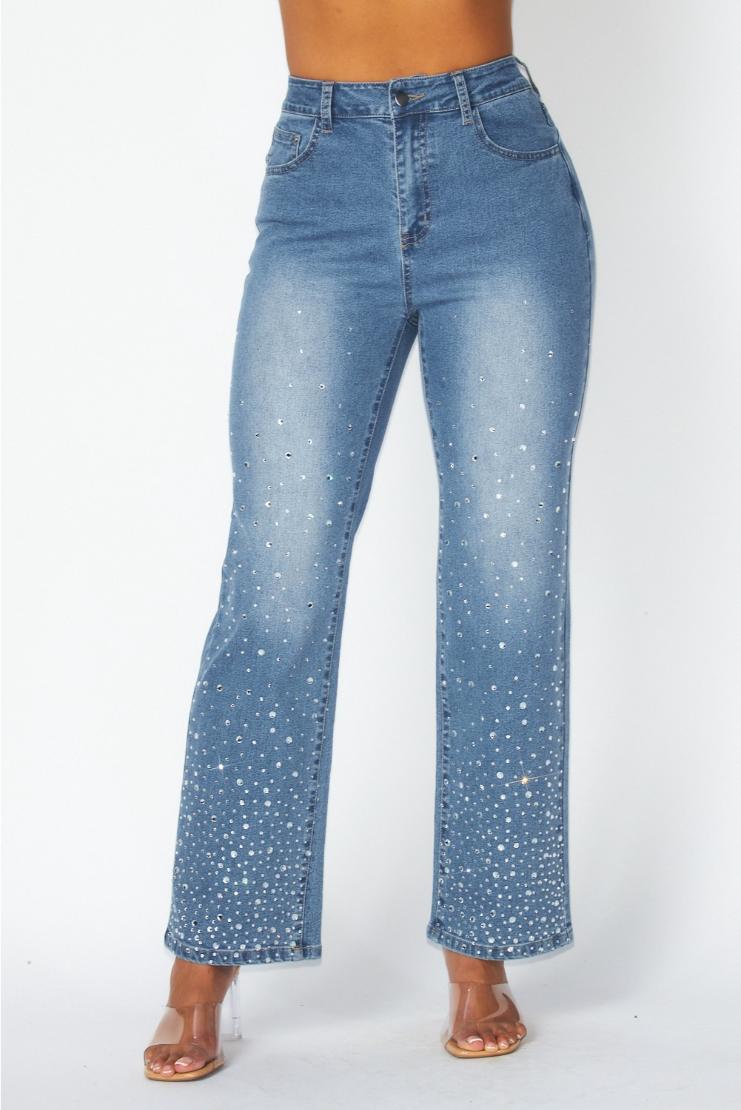 Women's Sasha High Rise Rhinestone Jean Pants in Size Medium - Denim - Pippa & Pearl