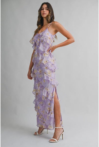 Women's Lyla Asymmetrical Tiered Ruffled Maxi Dress - Lilac In Size Medium