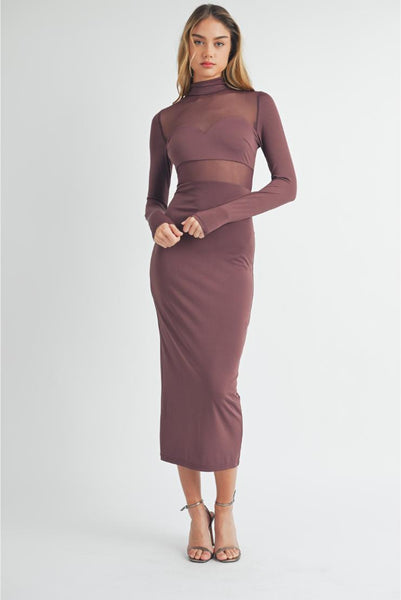 Women's Melissa Mock Neck Sheer Mix Mesh Bodycon Midi Dress In Size Medium - Plum - Pippa & Pearl Women's Melissa Mock Neck Sheer Mix Mesh Bodycon Midi Dress In Size Medium - Plum - Pippa & Pearl