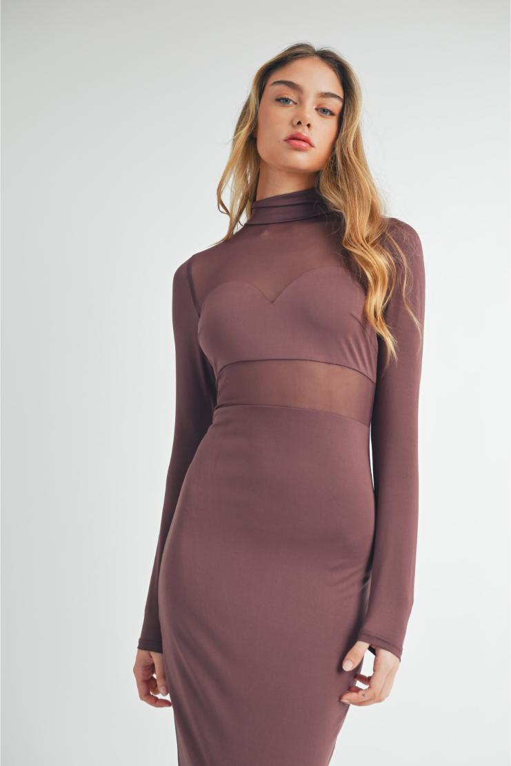 Women's Melissa Mock Neck Sheer Mix Mesh Bodycon Midi Dress in Size Medium - Plum - Pippa & Pearl Women's Melissa Mock Neck Sheer Mix Mesh Bodycon Midi Dress in Size Medium - Plum - Pippa & Pearl