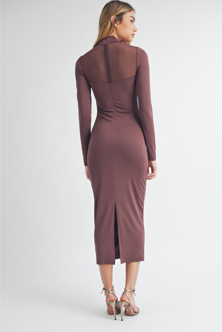 Women's Melissa Mock Neck Sheer Mix Mesh Bodycon Midi Dress in Size Medium - Plum - Pippa & Pearl Women's Melissa Mock Neck Sheer Mix Mesh Bodycon Midi Dress in Size Medium - Plum - Pippa & Pearl
