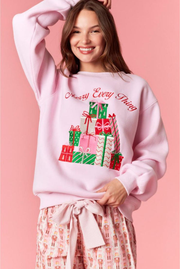 Merry Everything Metallic Embossed Fleece Sweater - Pink