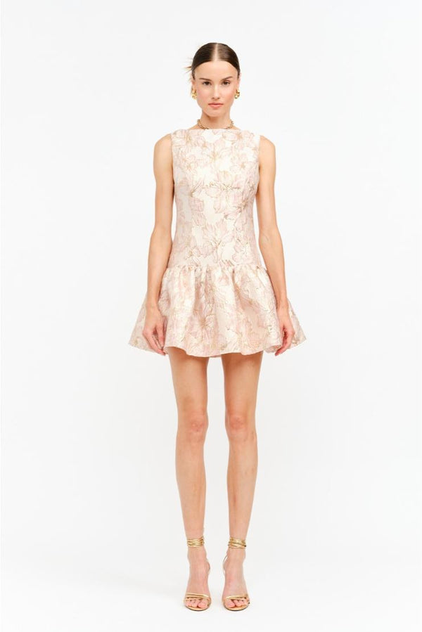 Macy Floral Jaquard Print Mini Fit 'N Flare - Pink/Gold