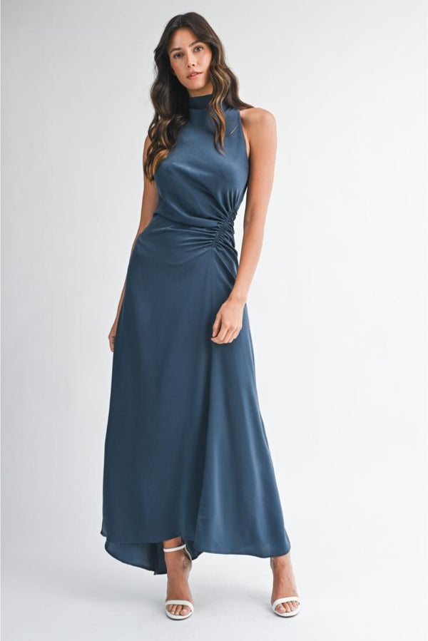 PRE-ORDER ETA JAN 1st! Kylee Mock Neck Side Ruched Satin Maxi - Midnight