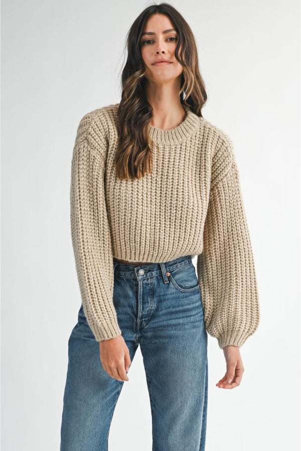 Brynlee Chunky Knit Balloon Sleeve Pullover - Mocha