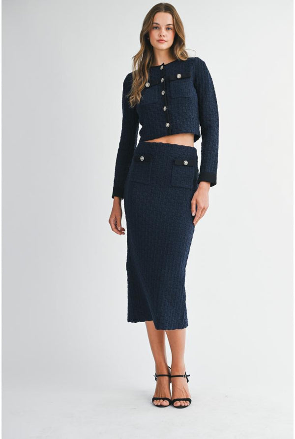 Adeline Long Sleeve Crop Jacket & Midi Skirt (Sold Separately)