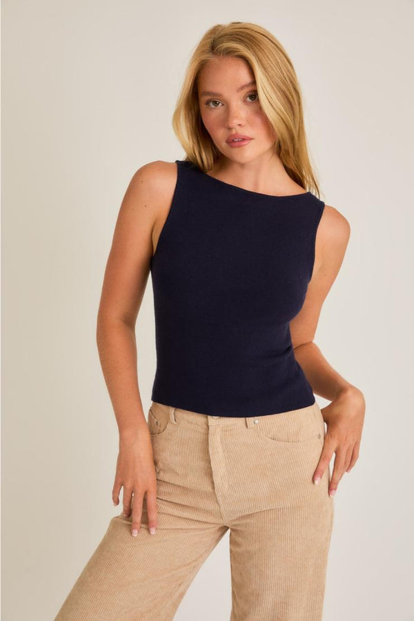 Navy Blue Sleeveless Boat Neck Top