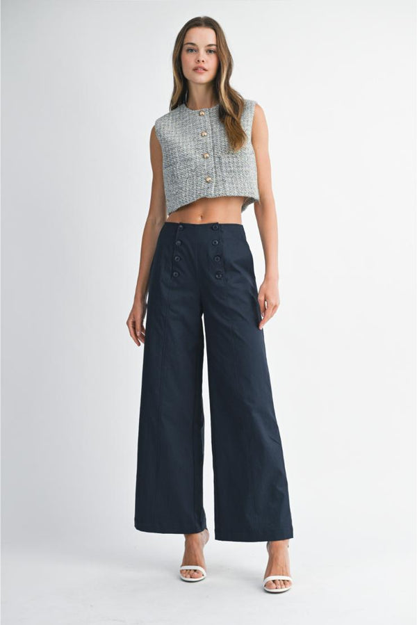 Frankie Button Detail Wide Leg Trousers - Navy