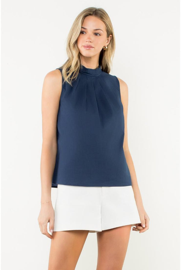 Nelly Pleated Mock Neck Satin Sleeveless Top - Navy Blue