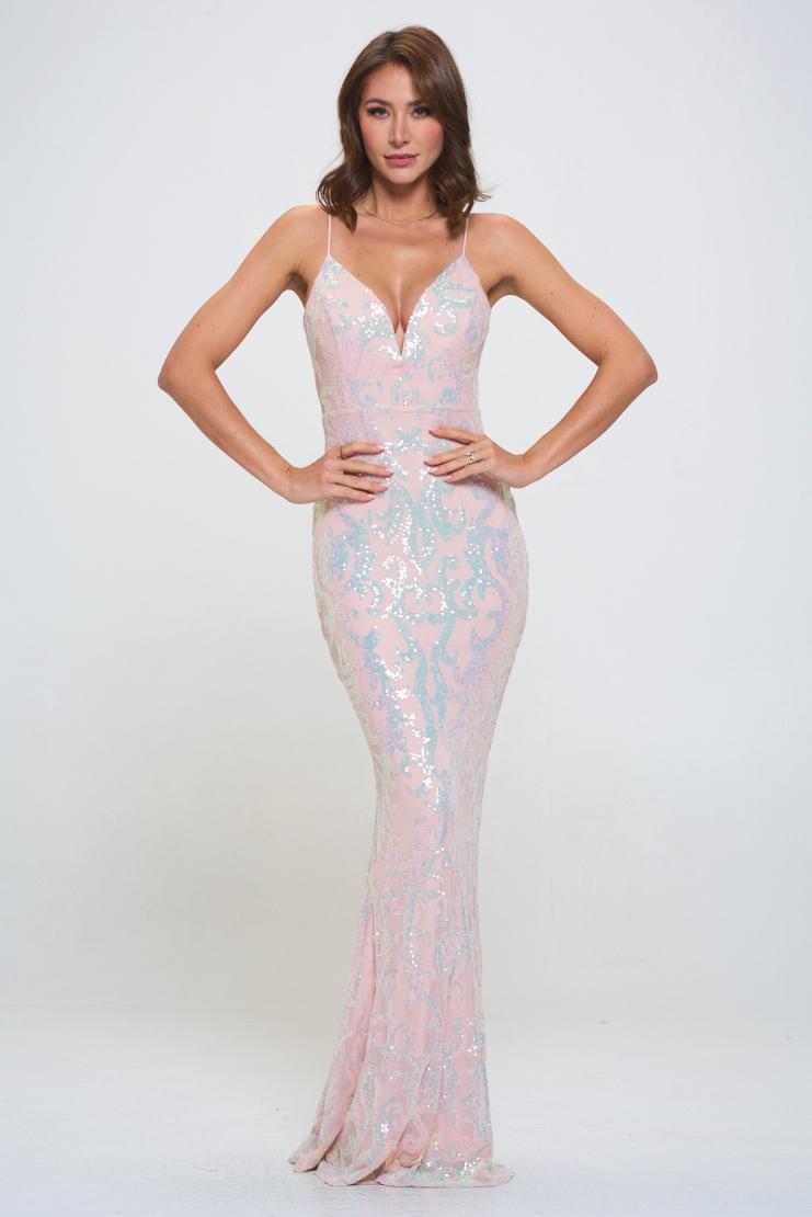 Cynthia Nude Pink Sequin Maxi Gown