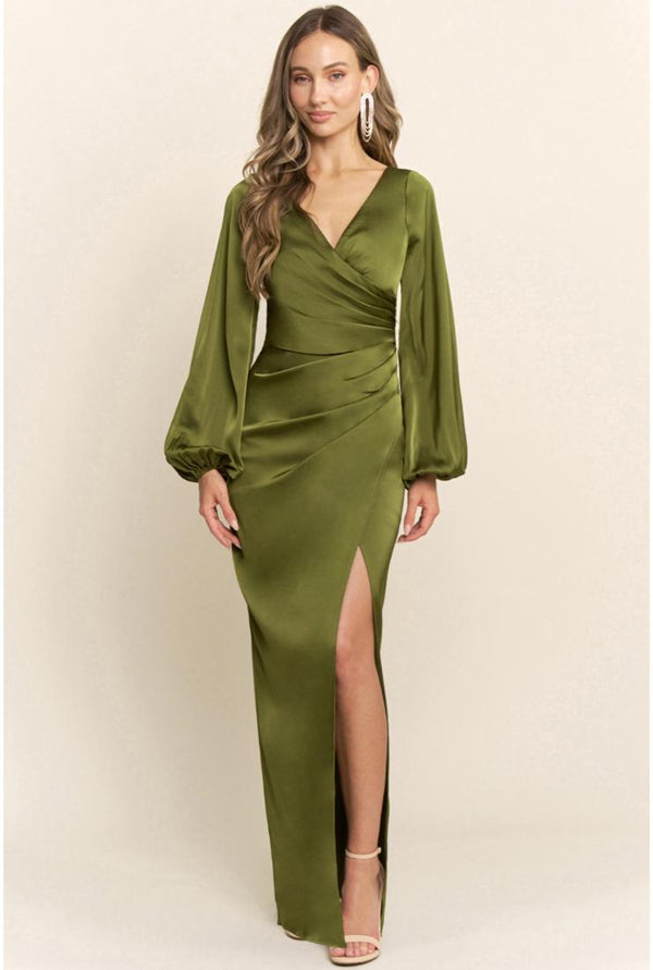 Sloane Long Sleeve Satin Maxi Dress - Olive Green