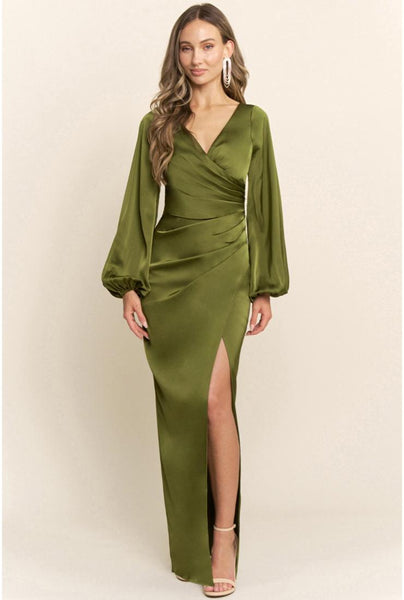 slim fit dress slacks Kelandra Satin Collared V-Neck Long Sleeve Floor Length Dress main image 0