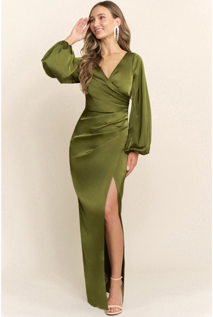 Sloane Long Sleeve Satin Maxi Dress - Olive Green Pippa & Pearl Sloane Long Sleeve Satin Maxi Dress - Olive Green Pippa & Pearl