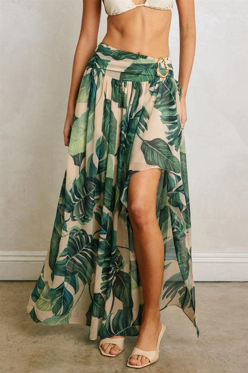 Tiana Tropical Leaf Print Ruffle High-Low Maxi Skirt - Green
