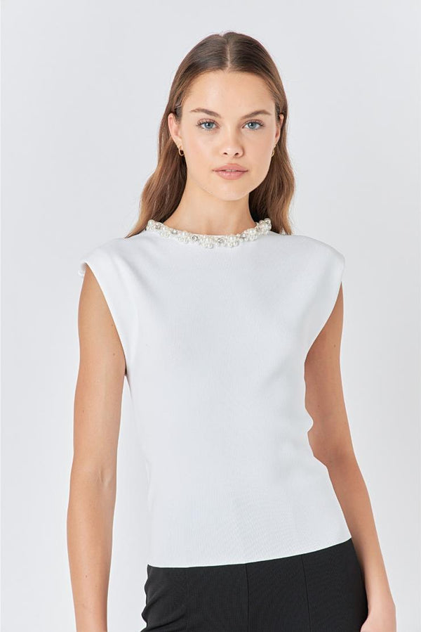 Kelly Knit Top Embellished Pearl Neck Line