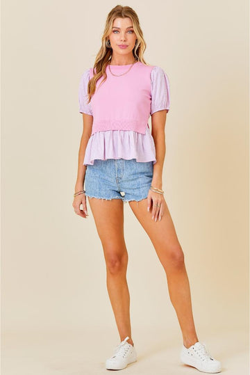 Knit & Pin Striped Contrast Short Sleeve - Pink