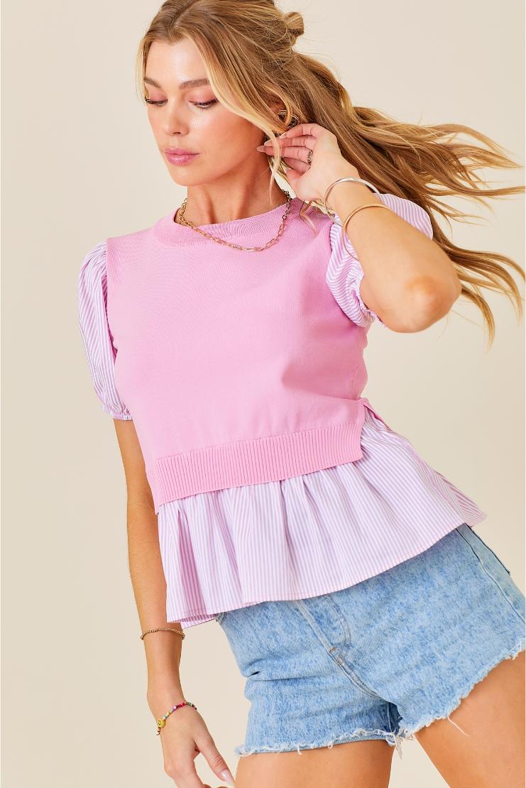Pink Knit & Pin Striped Contrast Short Sleeve