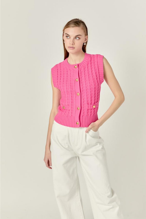 Elle Textured Knit Button-Up Vest - Hot Pink