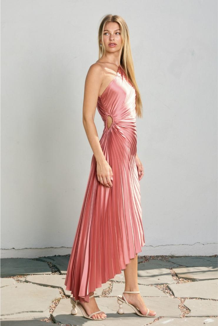 open lace back dress Women's Shelly Asymmetrical Pleated Maxi Dress - Pink in Size Medium