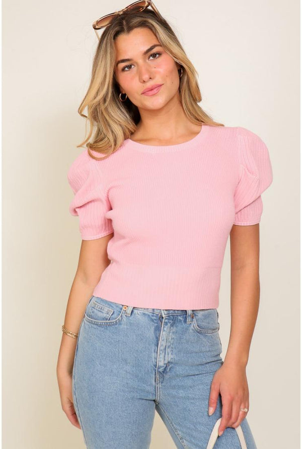 Sadie Puff Short Sleeve Knit Crop Top - Pink