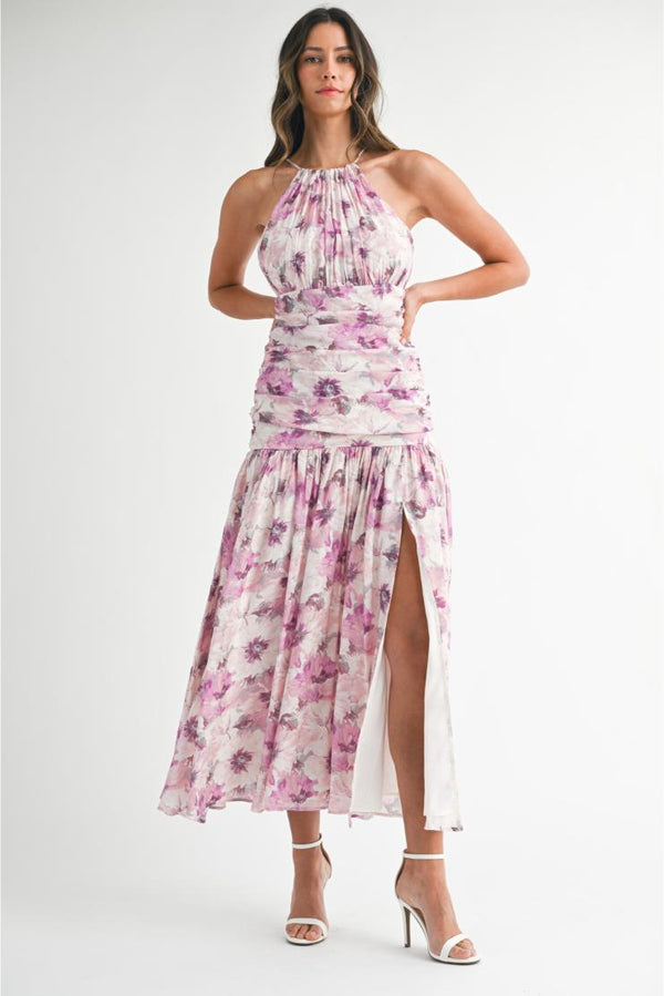 Summer Floral Print Ruched Halter Midi Dress - Pink
