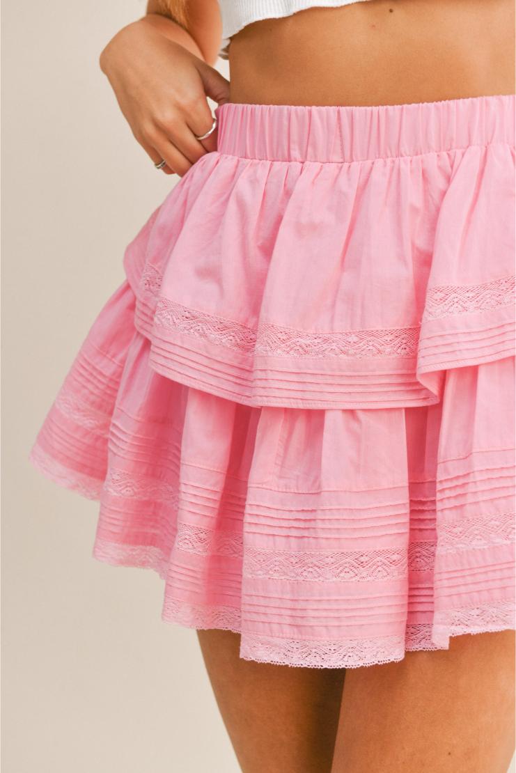 Priscilla Pink Ruffle Lace Mini Skirt