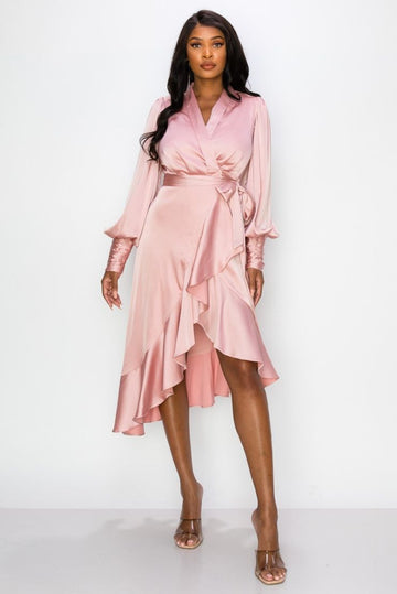 Dianna Satin Ruffle Wrap Midi Dress - Pink