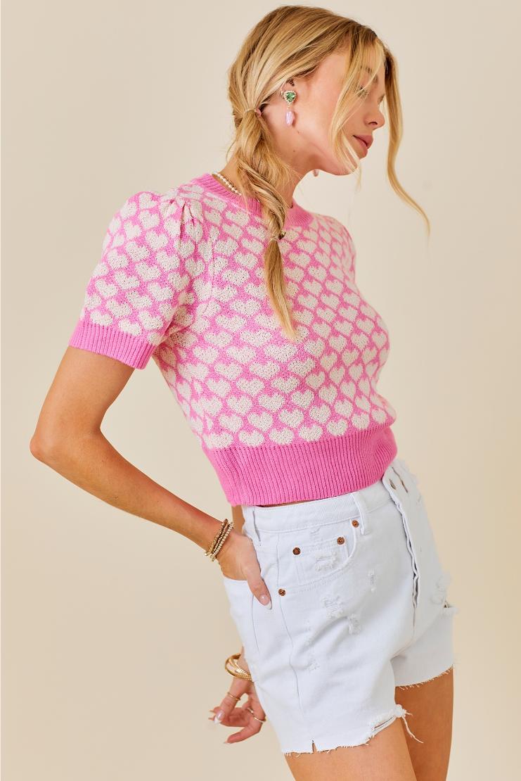 Lucy Heart Cropped Sweater - Pink