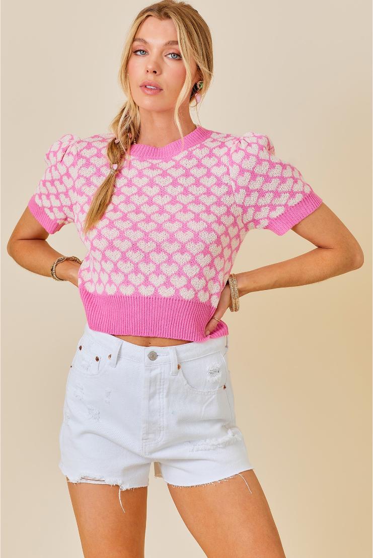 Lucy Heart Cropped Sweater - Pink