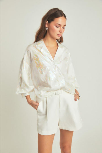 Ali Collared Button-Up Blouse - Foil Print