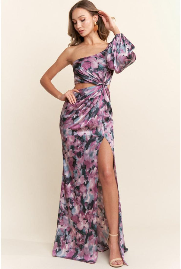 Amara One Shoulder Abstract Floral Satin Maxi Dress