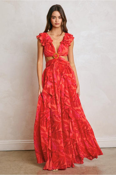 ruffle cutout maxi dress Women's Francesca Frilly Ruffles Cut-Out - Red In Size Small - Tropical Red - Polyester Created6.20.22 out waist with tied Bride And African Bridesmaid Color:Mauve Green