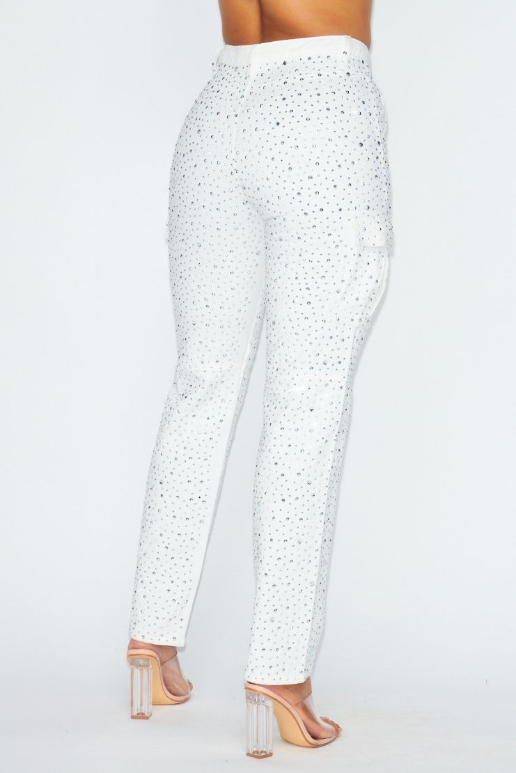 Jenny Rhinestone Denim Cargo Pants - White