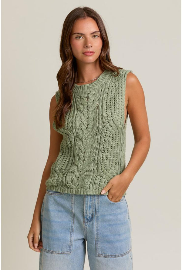 Kaley Cable Knit Sweater Vest - Sage Green