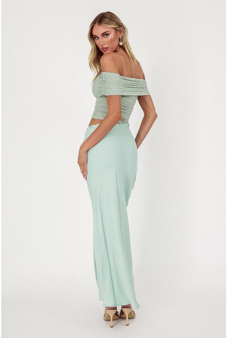 Women's Amaya Mesh One Sleeve Satin Skirt Maxi Dress - Sage Green In Size Small - Pippa & Pearl Women's Amaya Mesh One Sleeve Satin Skirt Maxi Dress - Sage Green In Size Small - Pippa & Pearl