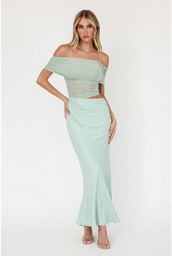 Amaya Mesh One Sleeve Satin Skirt Maxi Dress - Sage Green