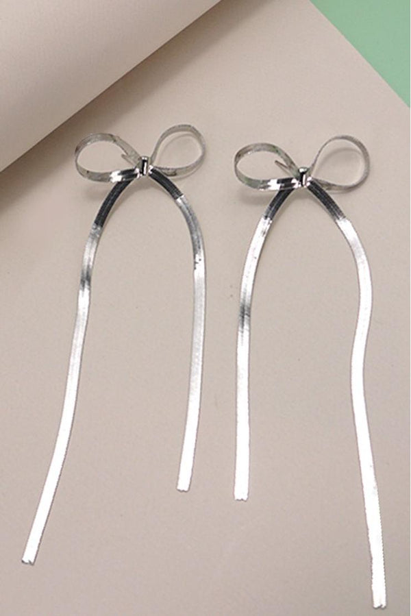Silver Herringbone Snake Chain Elongated Bow Earrings