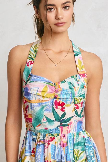 summer dress halter top Vittoria Print Midi – Pippa & Pearl Color:Sunset Mini Stripe Model_Nadine or casual gatherings Pip Green Knee Length