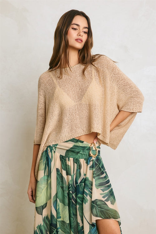 Ciara Cropped Pancho Knit Sweater Top - Tan