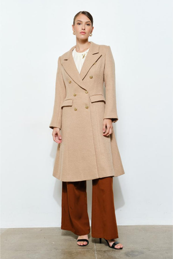 Kate Tweed Double Breasted Long Coat - Tan