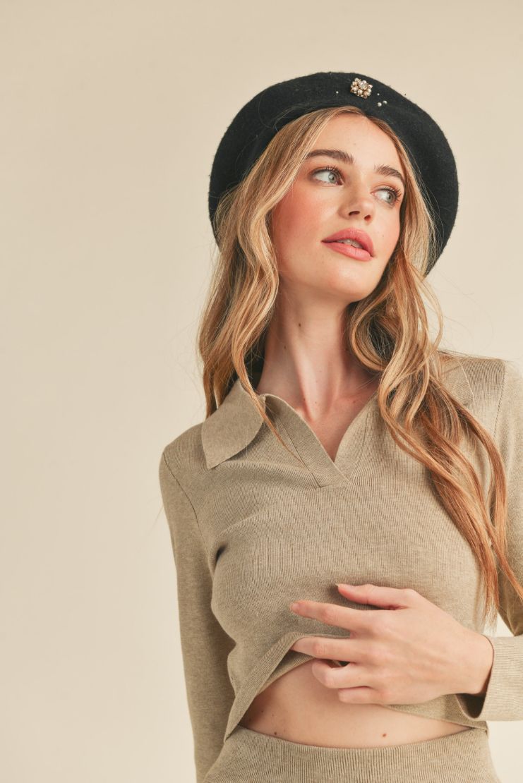 Jane Collared Knit Crop Sweater and Mini Skirt (Sold Separately) - Taupe