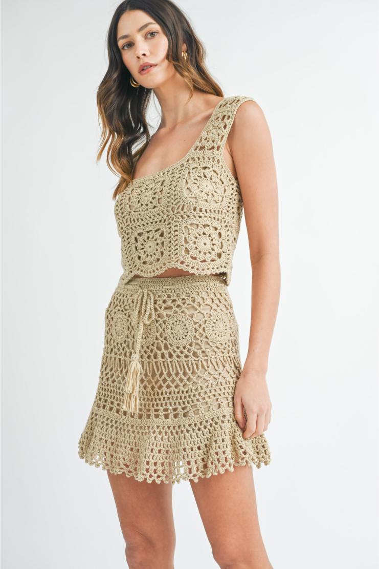 Aria Hand Knitted Crochet Top & Mini Skirt Set (Sold Separately)