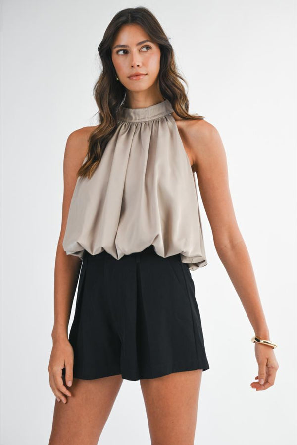 Ellis Satin Bubble Hem Crop Halter Top - Taupe