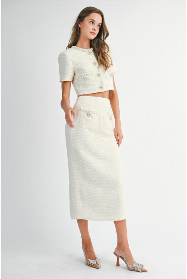 Mackenzie Tweed Jeweled Button Up Crop Jacket & Midi Skirt (Sold Separately)