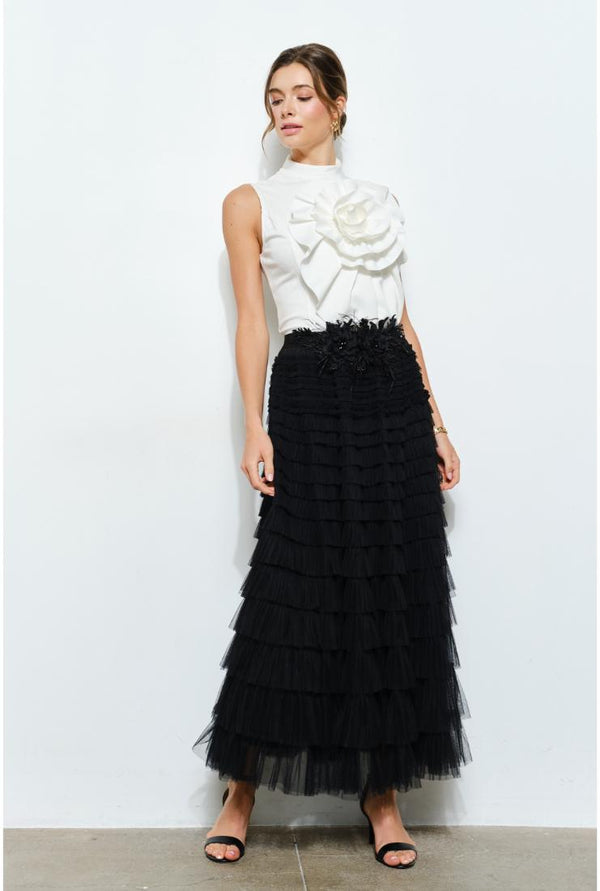 Ava 3D Floral Pleated High Neck Top - White