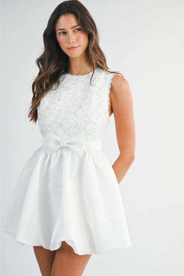 Isabelle Embellished Floral Appliques Bubble Mini Dress - White