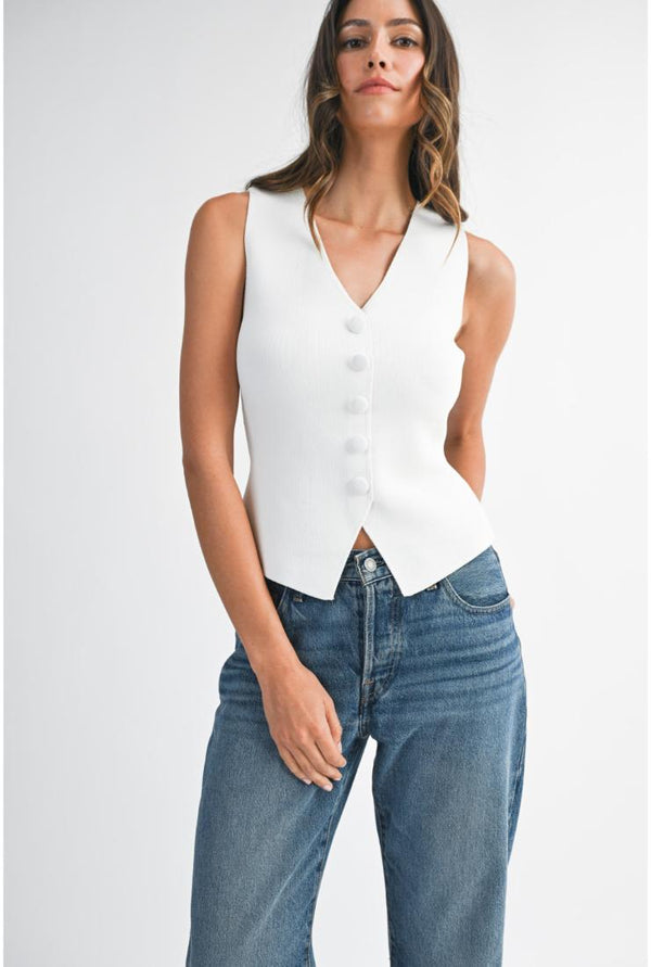 Vivianna Knit Button Up Vest - White