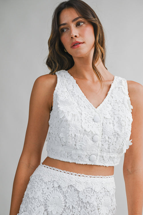 Eloise 3D Florals Crochet Crop Top - White