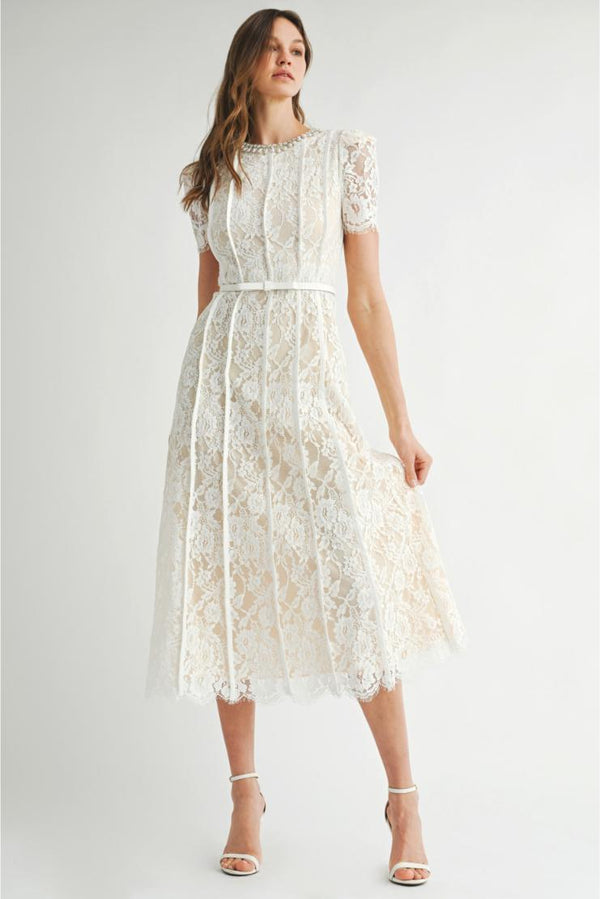 Mary Lou Lace Embellished Midi Dress - White