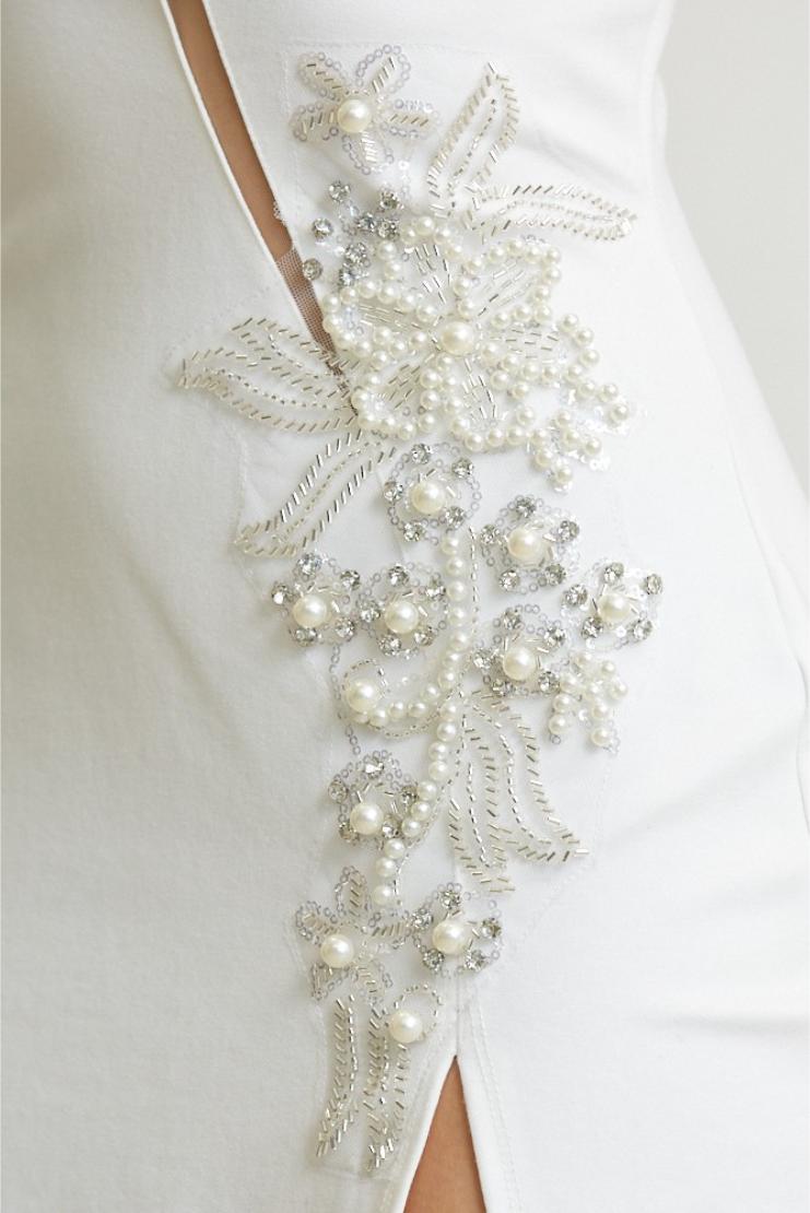 Rihanna Pearl Embellished Structured Bodycon Mini - White